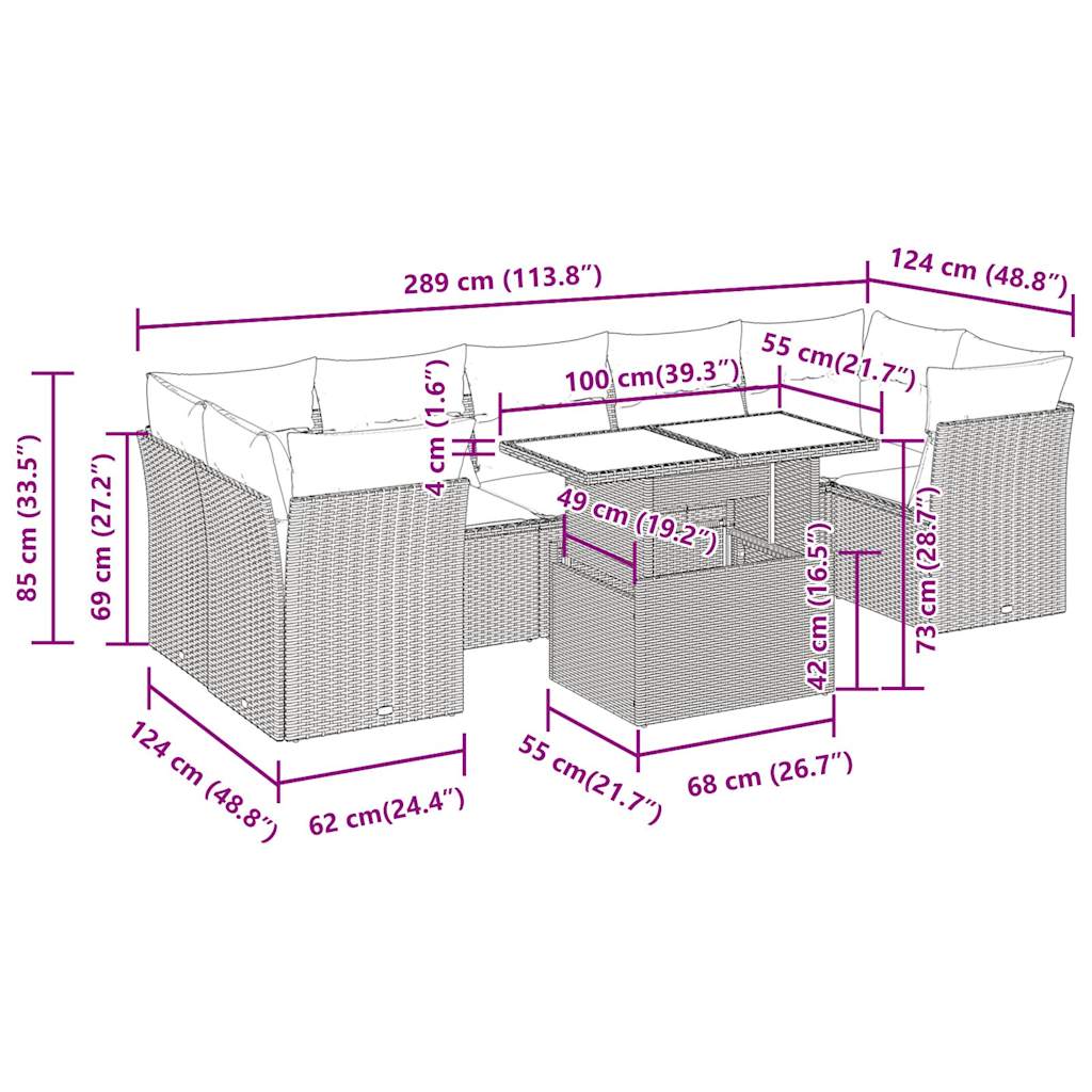 8-delige Loungeset met kussens poly rattan grijs