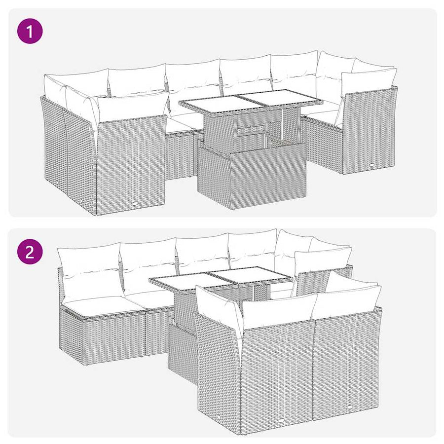 8-delige Loungeset met kussens poly rattan grijs