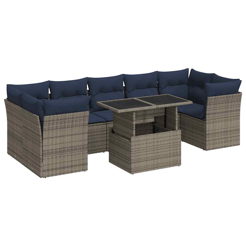 8-Delige Loungeset Met Kussens Poly Rattan Acacia 1 Grijs