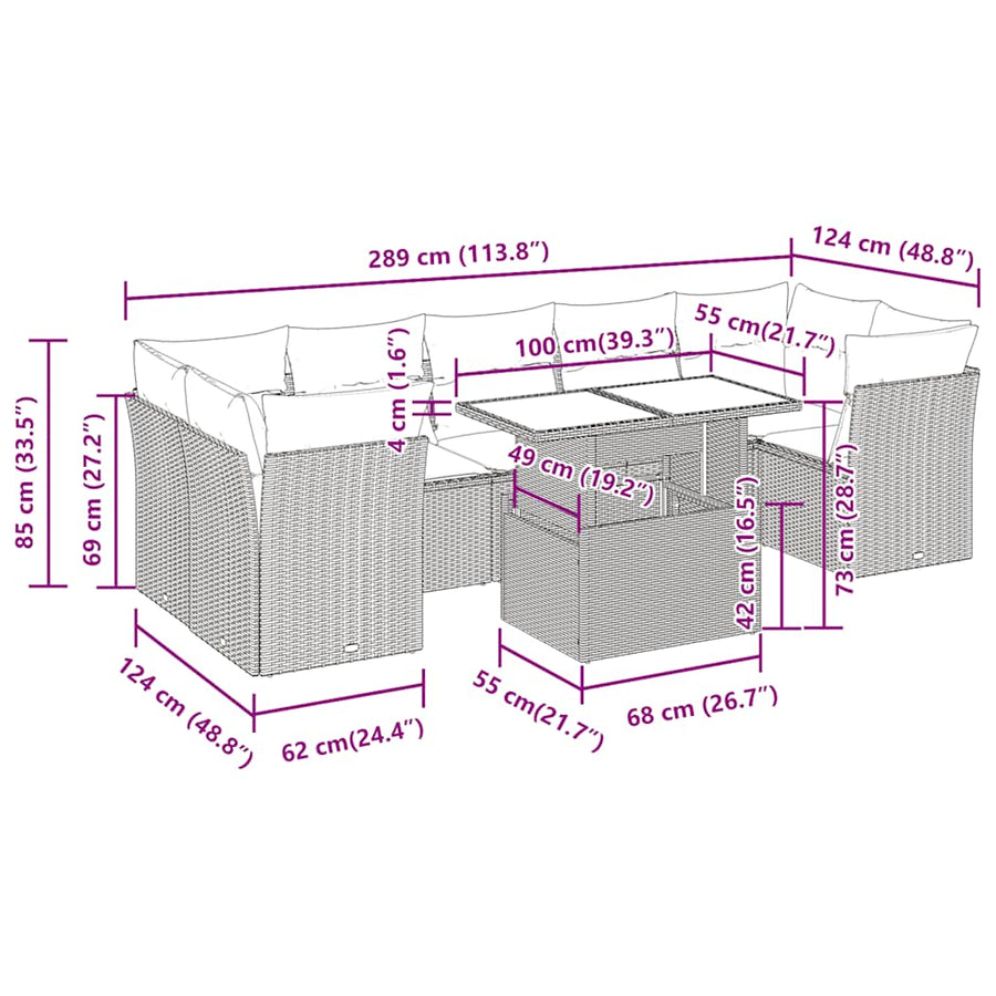 8-Delige Loungeset Met Kussens Poly Rattan Acacia 1 Grijs