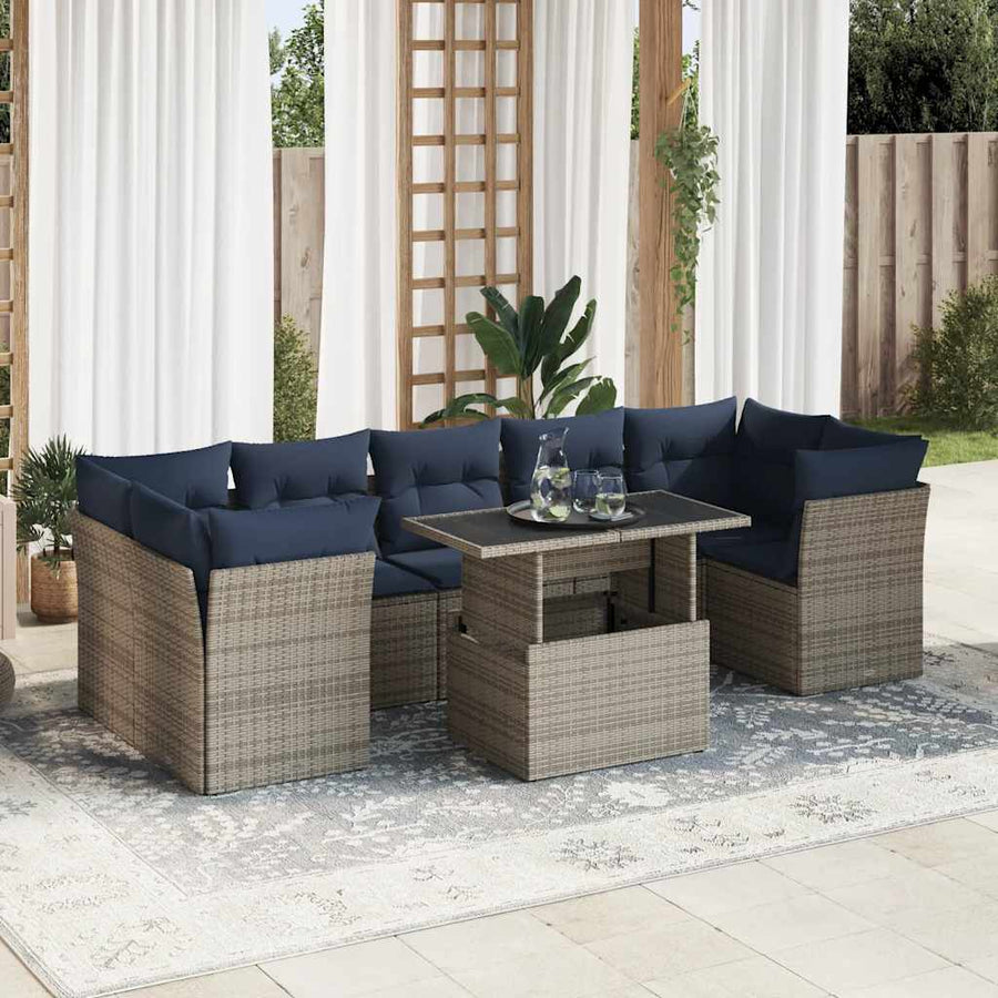 8-Delige Loungeset Met Kussens Poly Rattan Acacia 1 Grijs