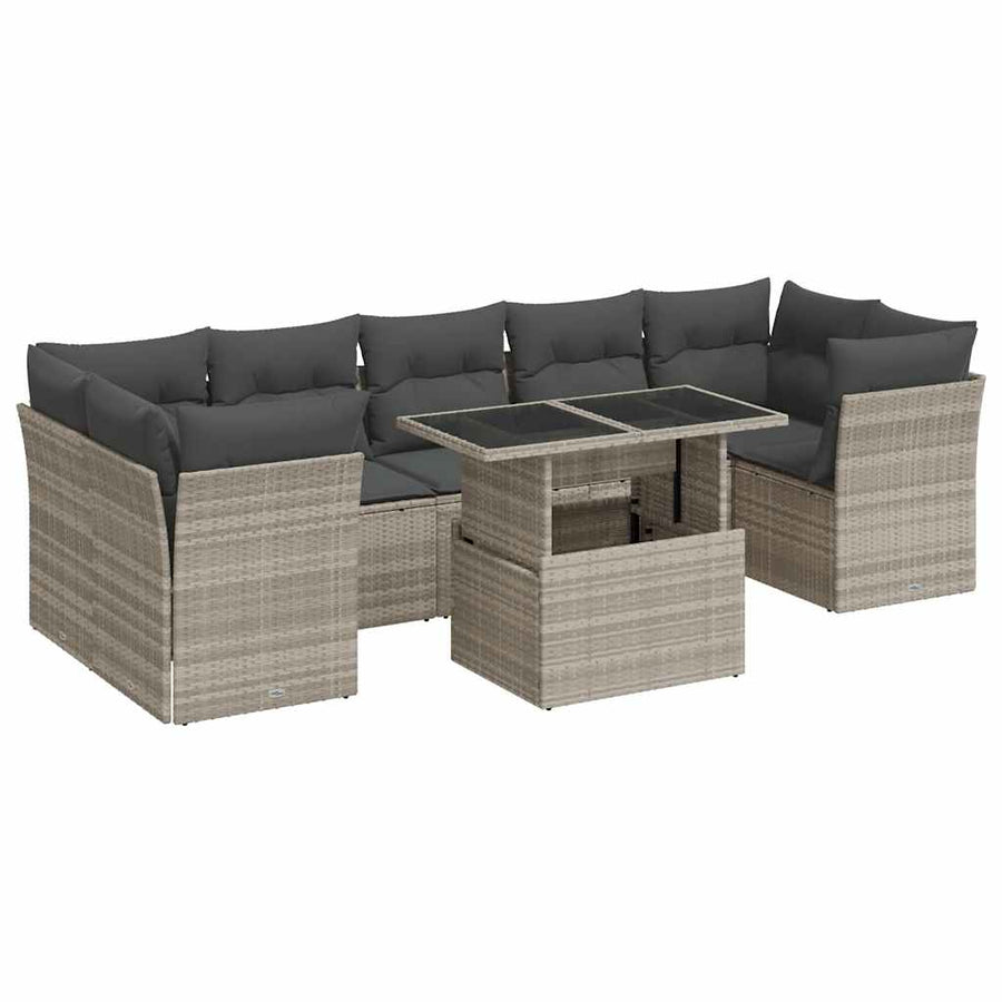 8-delige Loungeset met kussens poly rattan lichtgrijs