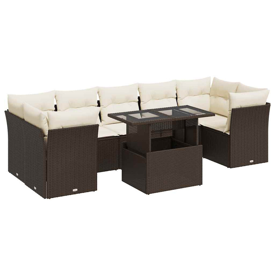 8-delige Loungeset met kussens poly rattan bruin