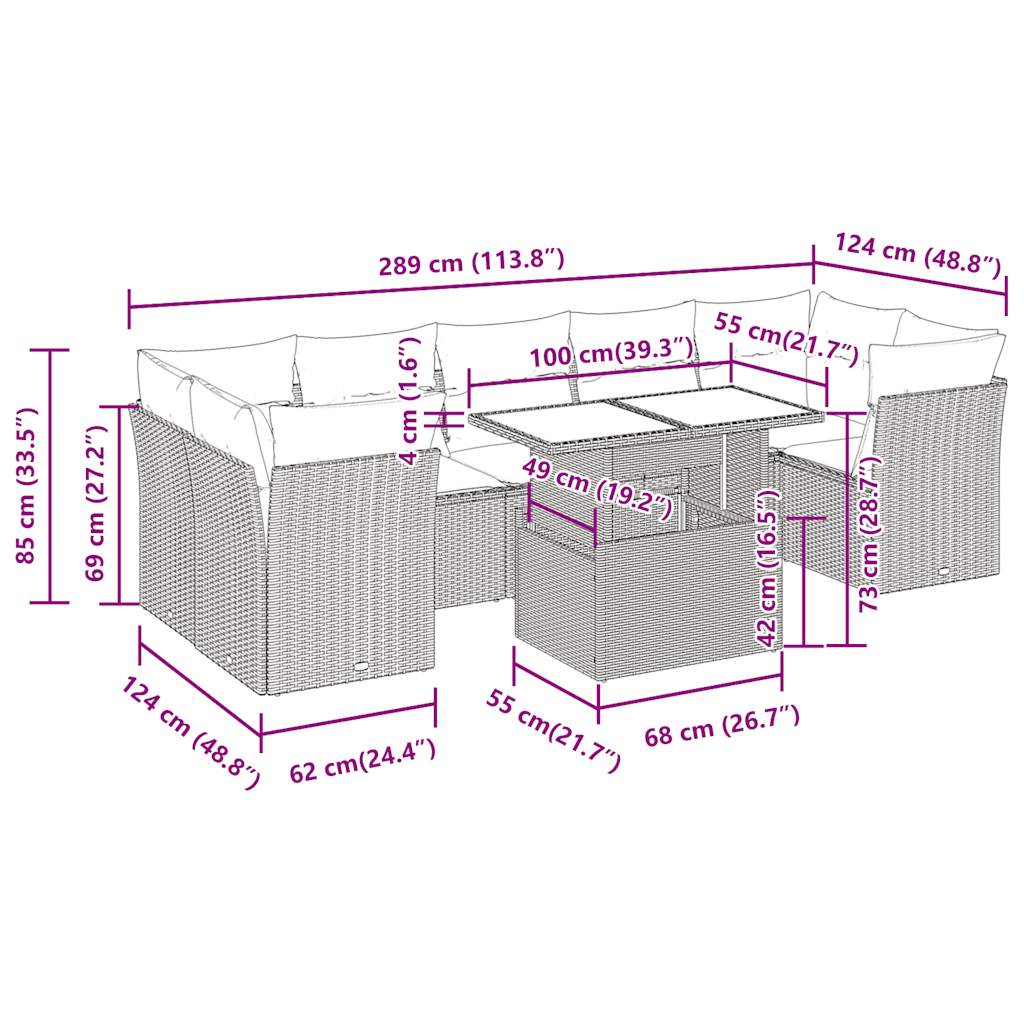 8-delige Loungeset met kussens poly rattan bruin