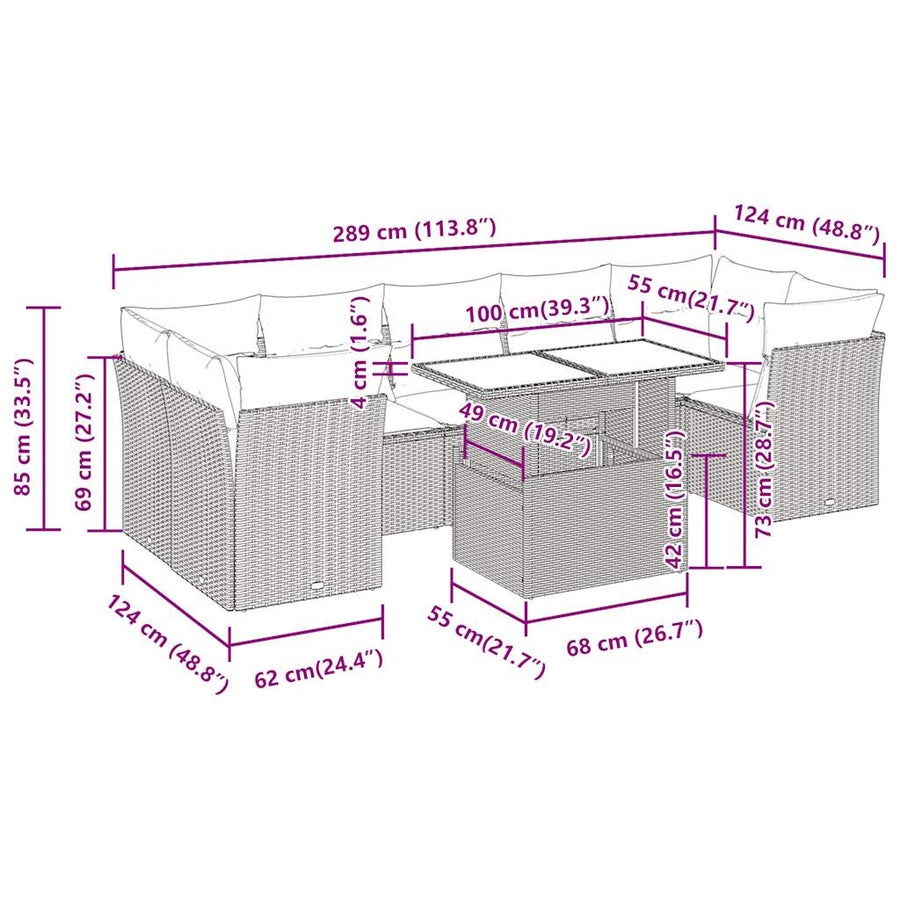 8-delige Loungeset met kussens poly rattan bruin