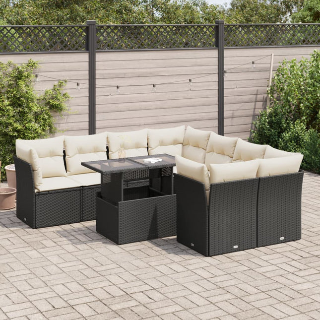 9-delige Loungeset met kussens poly rattan zwart