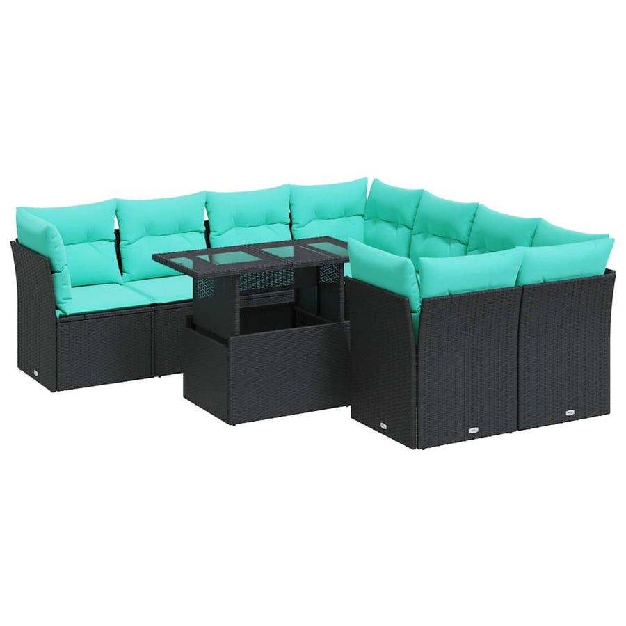 9-delige Loungeset met kussens poly rattan acacia zwart