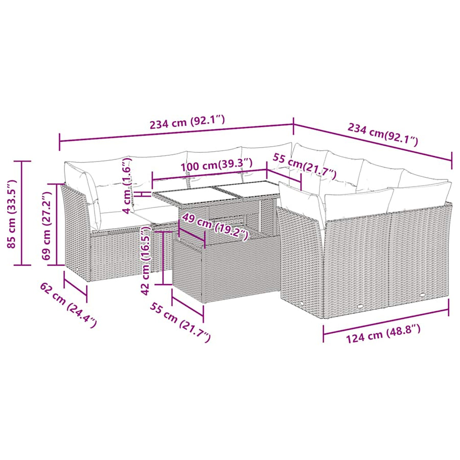 9-delige Loungeset met kussens poly rattan acacia zwart