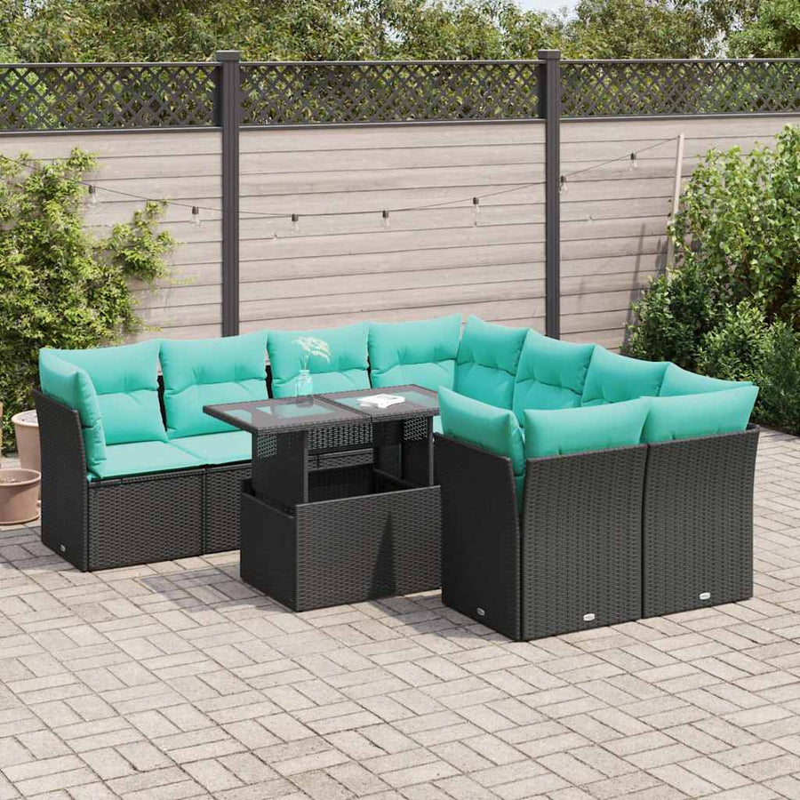 9-delige Loungeset met kussens poly rattan acacia zwart