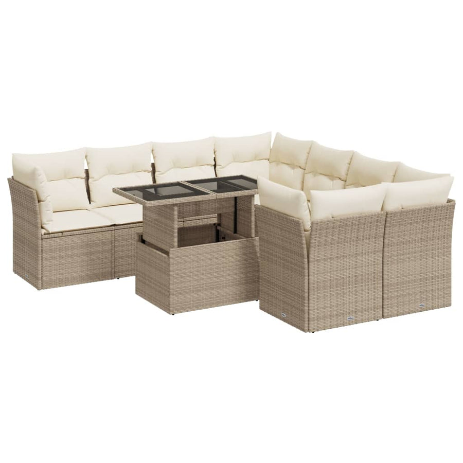 9-delige Loungeset met kussens poly rattan beige
