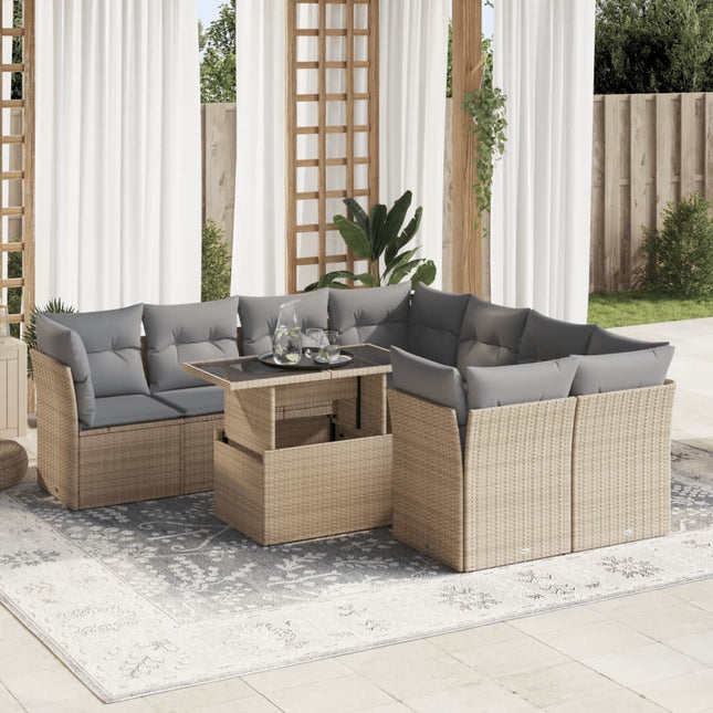 9-delige Loungeset met kussens poly rattan beige