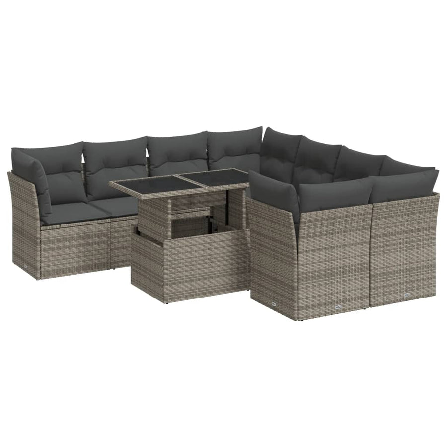 9-delige Loungeset met kussens poly rattan grijs