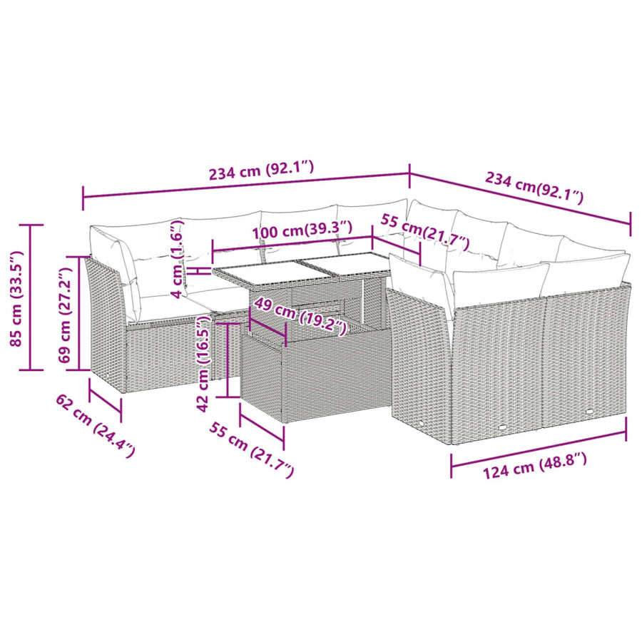 9-delige Loungeset met kussens poly rattan grijs