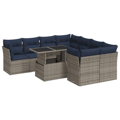 9-Delige Loungeset Met Kussens Poly Rattan Acacia 1 Grijs