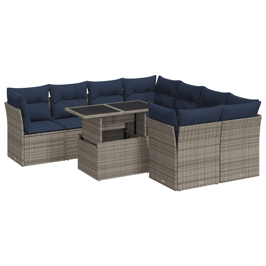 9-Delige Loungeset Met Kussens Poly Rattan Acacia 1 Grijs