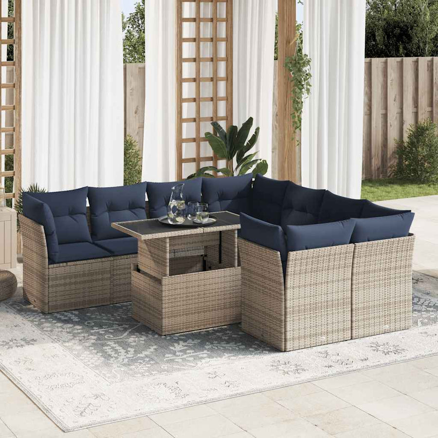 9-Delige Loungeset Met Kussens Poly Rattan Acacia 1 Grijs
