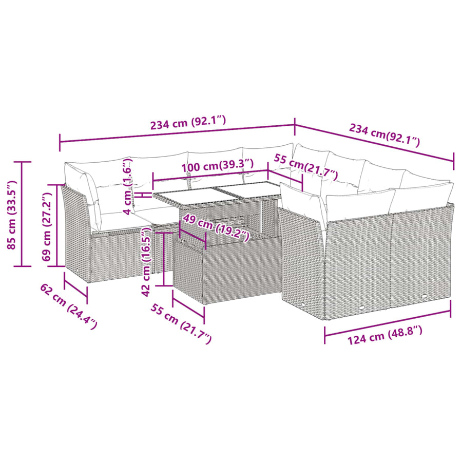 9-delige Loungeset met kussens poly rattan lichtgrijs
