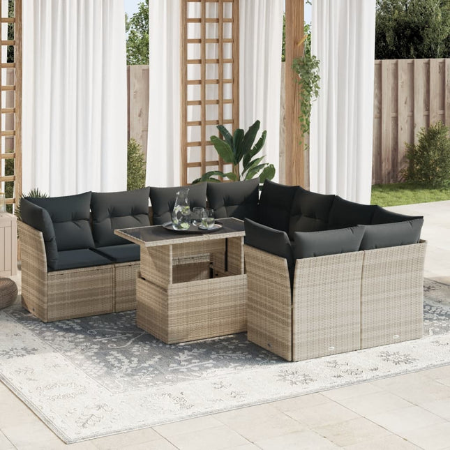 9-delige Loungeset met kussens poly rattan lichtgrijs