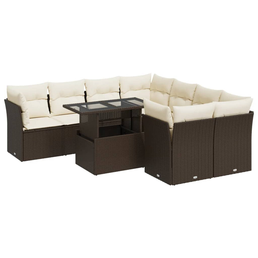 9-delige Loungeset met kussens poly rattan bruin