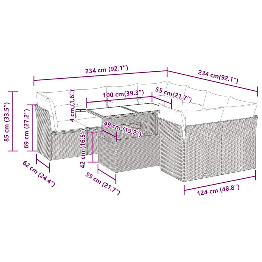 9-Delige Loungeset Met Kussens Poly Rattan Acacia 1 Bruin