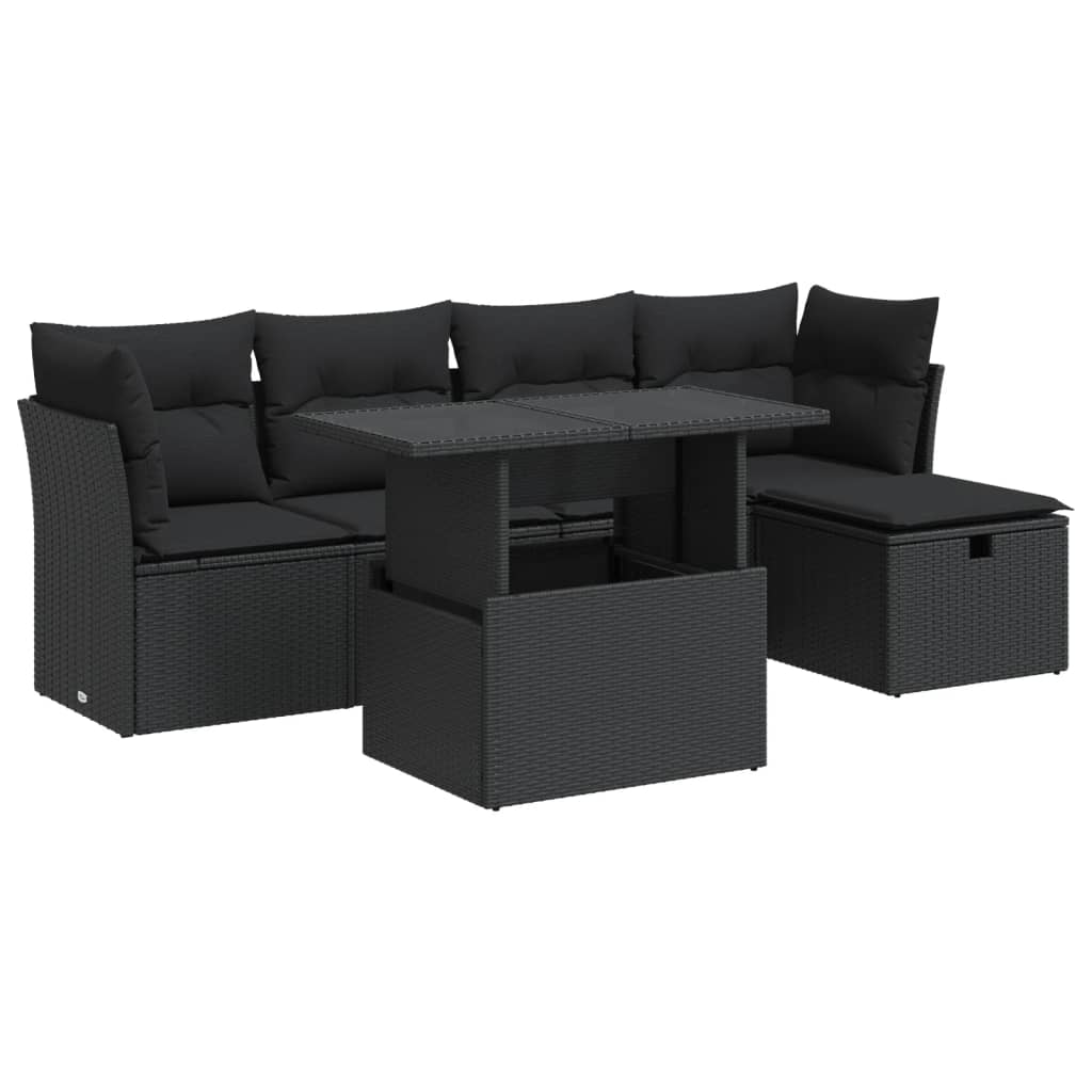 6-delige Loungeset met kussens poly rattan zwart