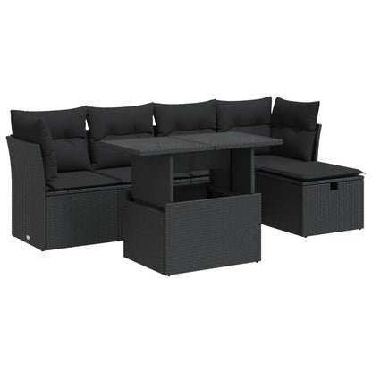 6-delige Loungeset met kussens poly rattan zwart