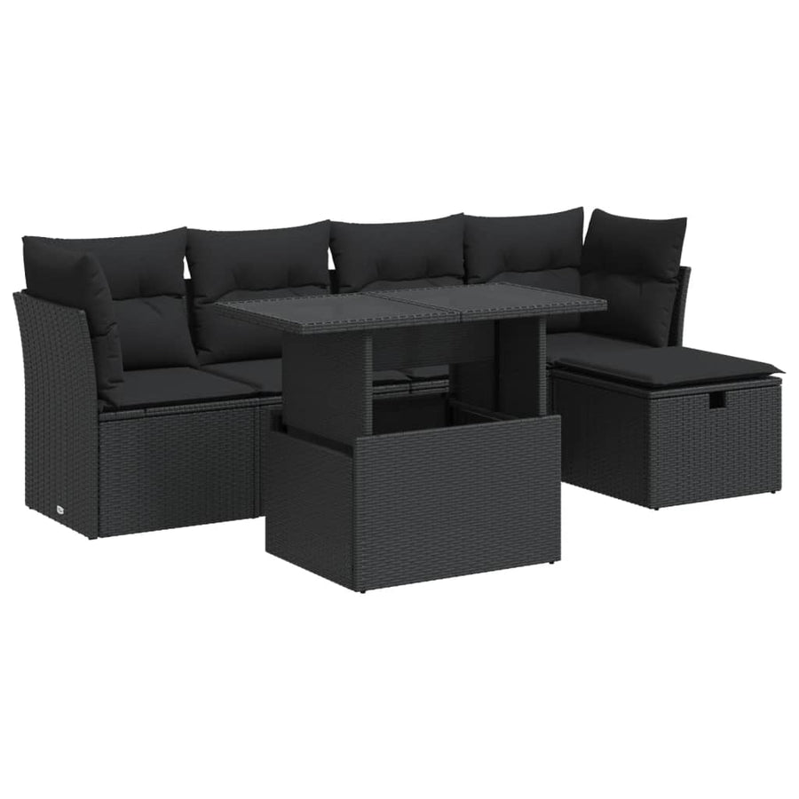 6-delige Loungeset met kussens poly rattan zwart
