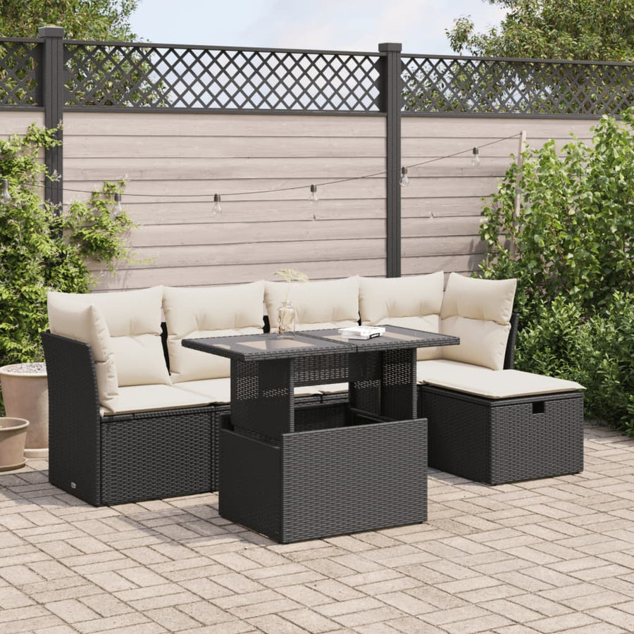 6-delige Loungeset met kussens poly rattan zwart