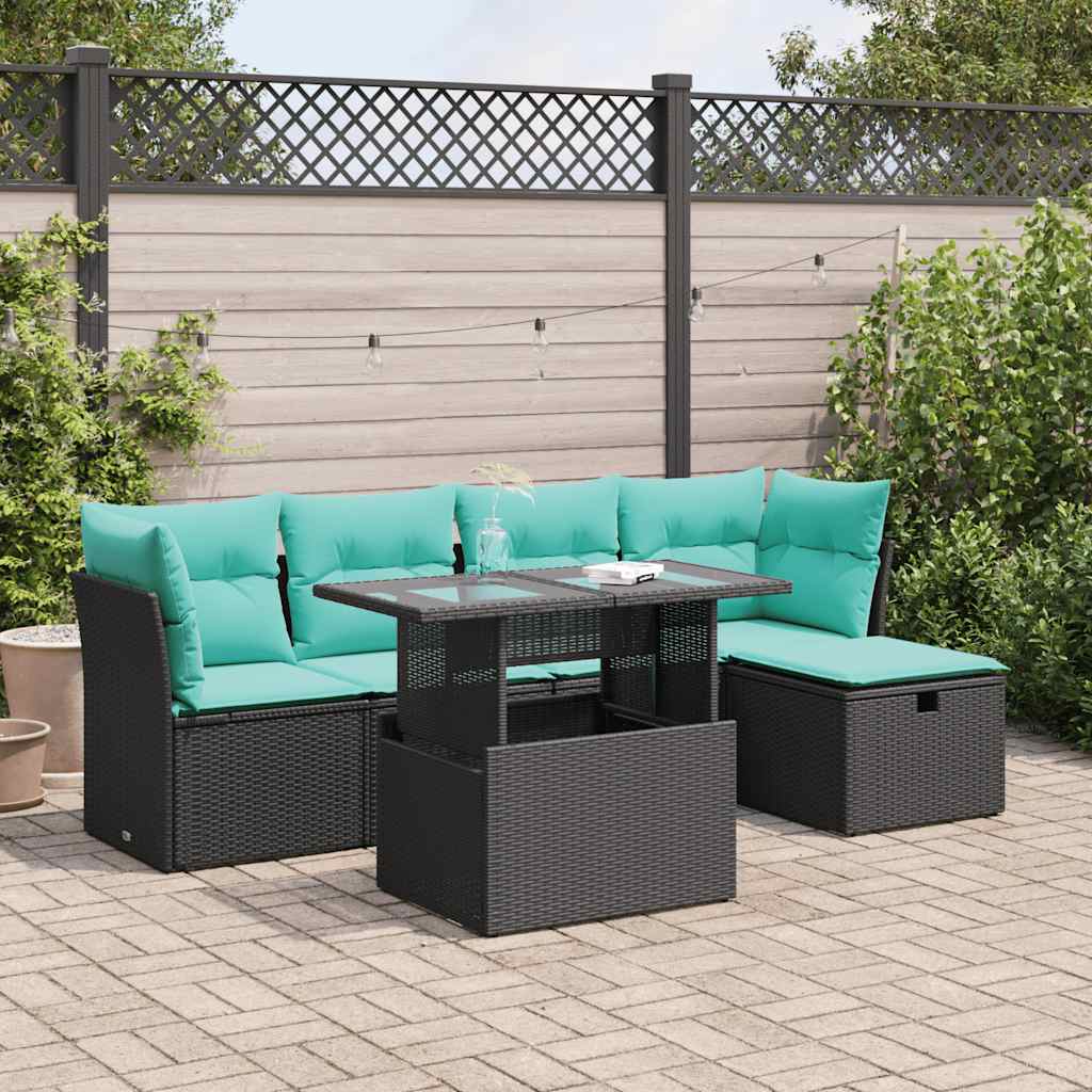 6-delige Loungeset met kussens poly rattan acacia zwart