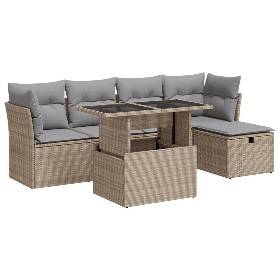 6-delige Loungeset met kussens poly rattan beige