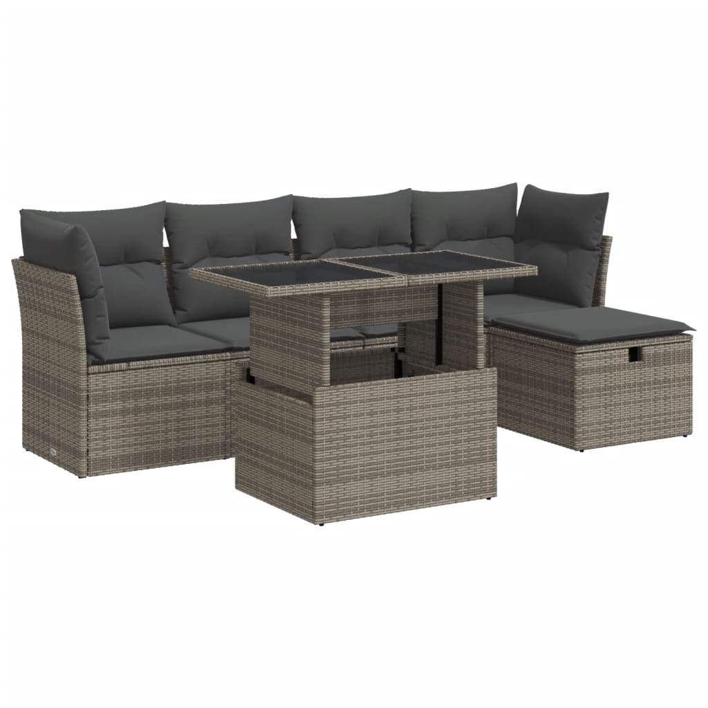 6-delige Loungeset met kussens poly rattan grijs