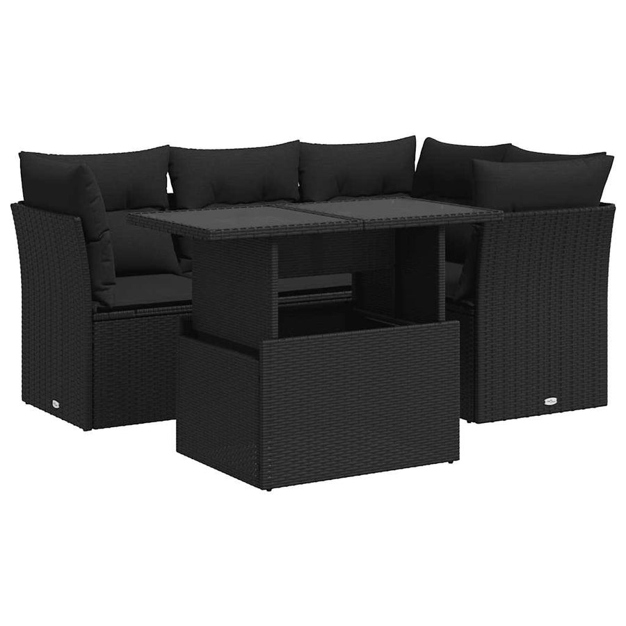 5-delige Loungeset met kussens poly rattan zwart