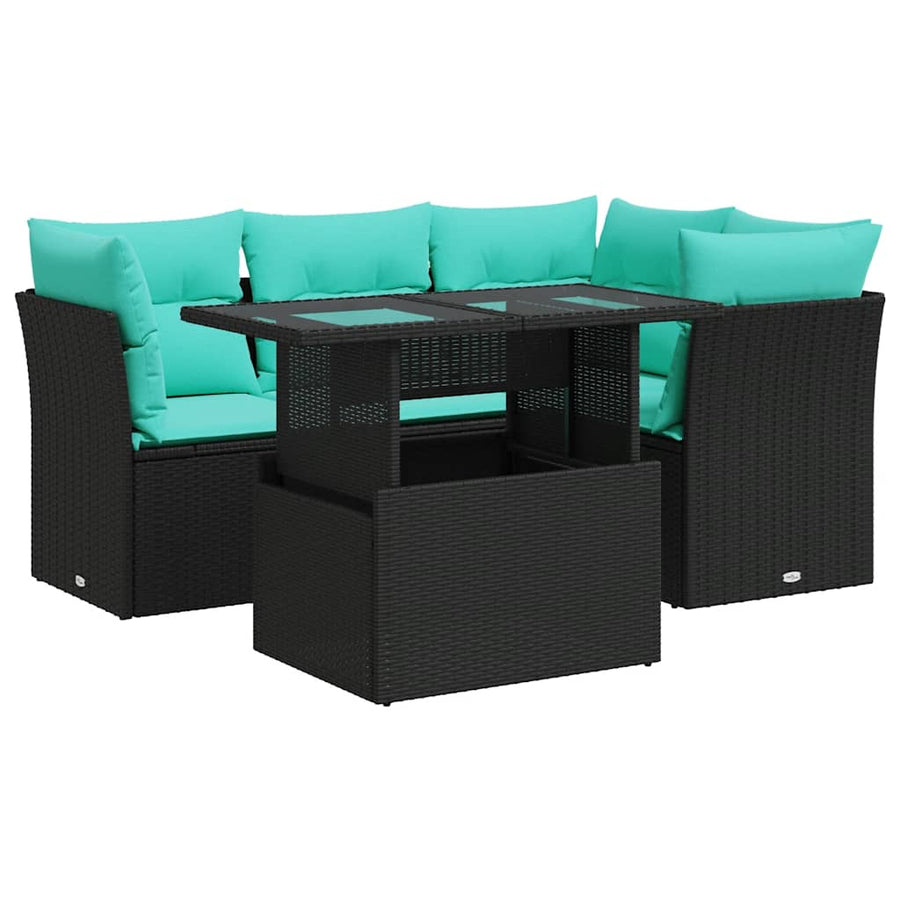 5-delige Loungeset met kussens poly rattan acacia zwart