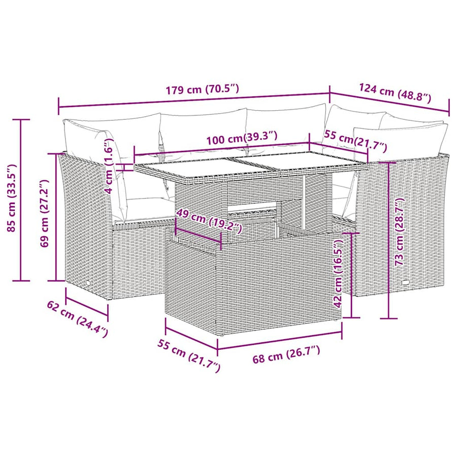 5-delige Loungeset met kussens poly rattan acacia zwart
