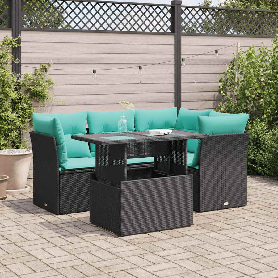 5-delige Loungeset met kussens poly rattan acacia zwart