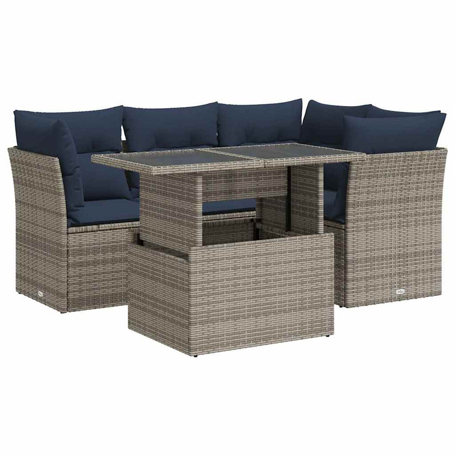 5-Delige Loungeset Met Kussens Poly Rattan Acacia 1 Grijs