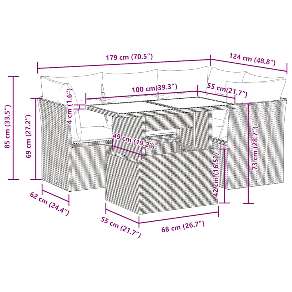 5-Delige Loungeset Met Kussens Poly Rattan Acacia 1 Grijs