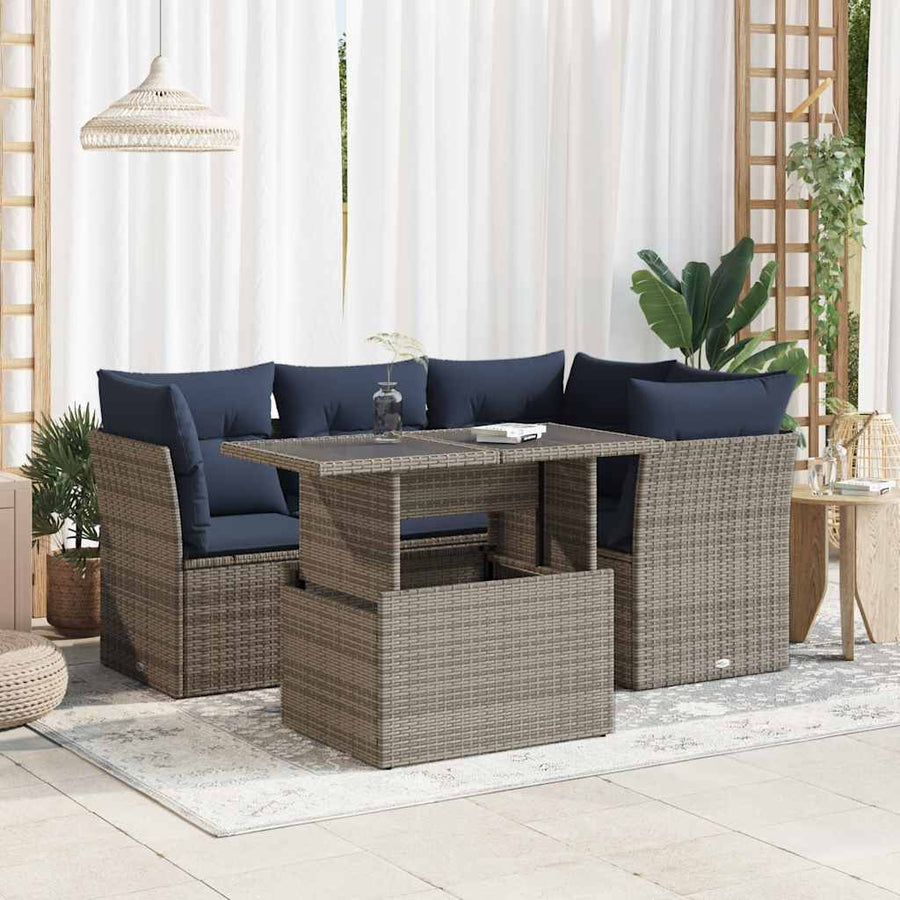 5-Delige Loungeset Met Kussens Poly Rattan Acacia 1 Grijs