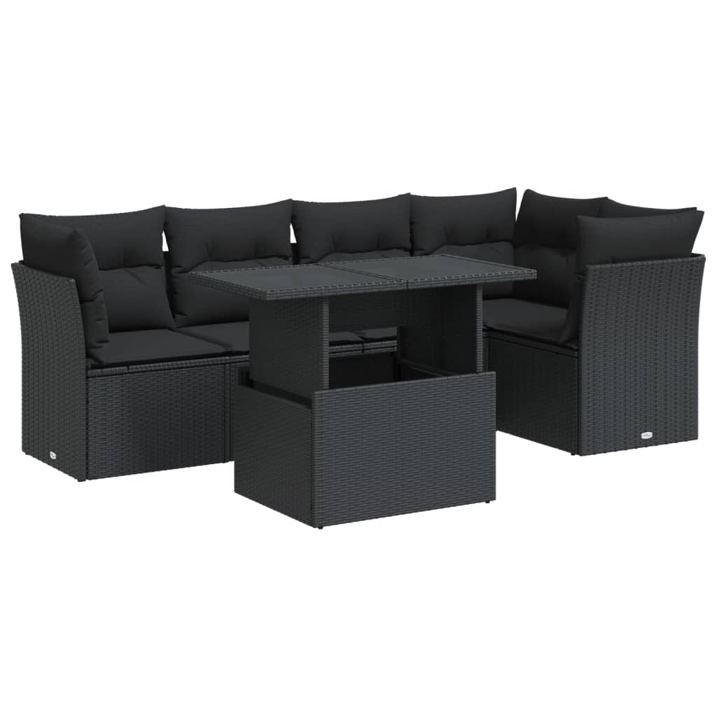 6-delige Loungeset met kussens poly rattan zwart