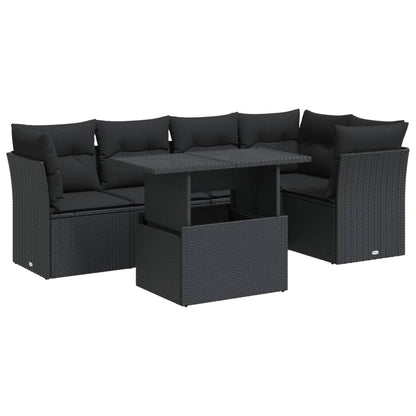 6-delige Loungeset met kussens poly rattan zwart