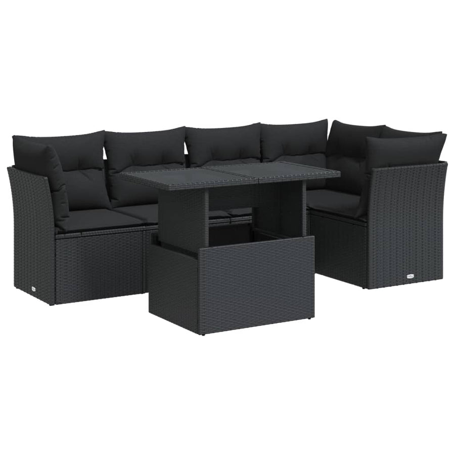 6-delige Loungeset met kussens poly rattan zwart