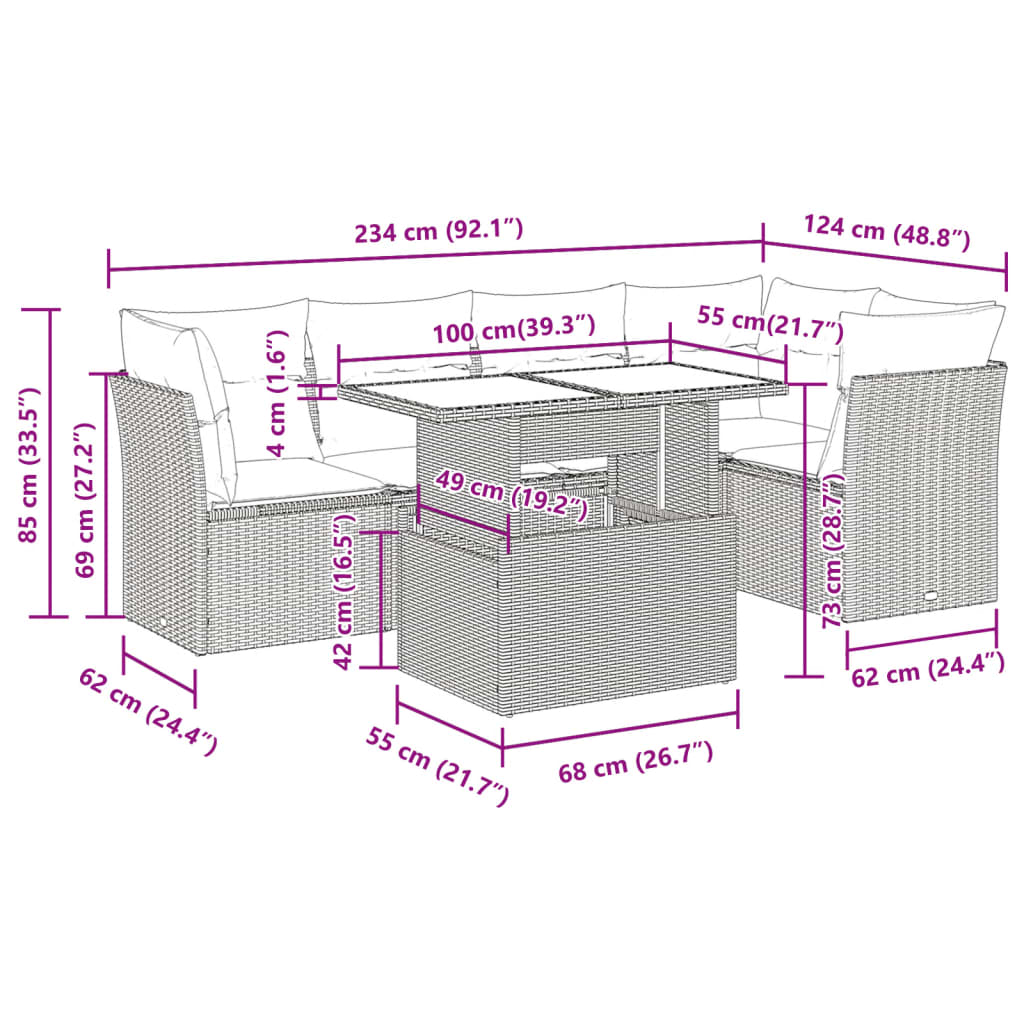 6-delige Loungeset met kussens poly rattan zwart