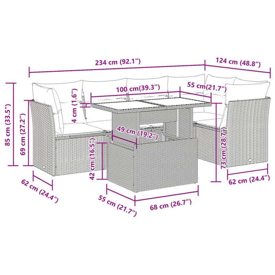 6-delige Loungeset met kussens poly rattan zwart