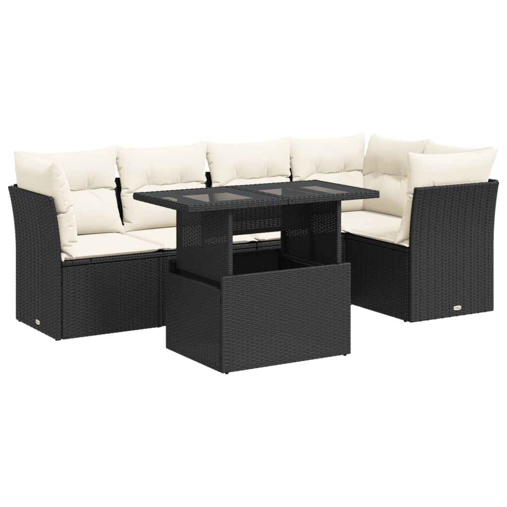 6-delige Loungeset met kussens poly rattan zwart