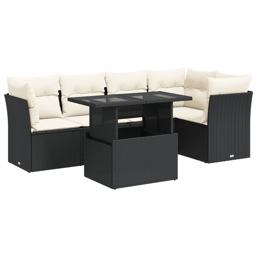 6-delige Loungeset met kussens poly rattan zwart