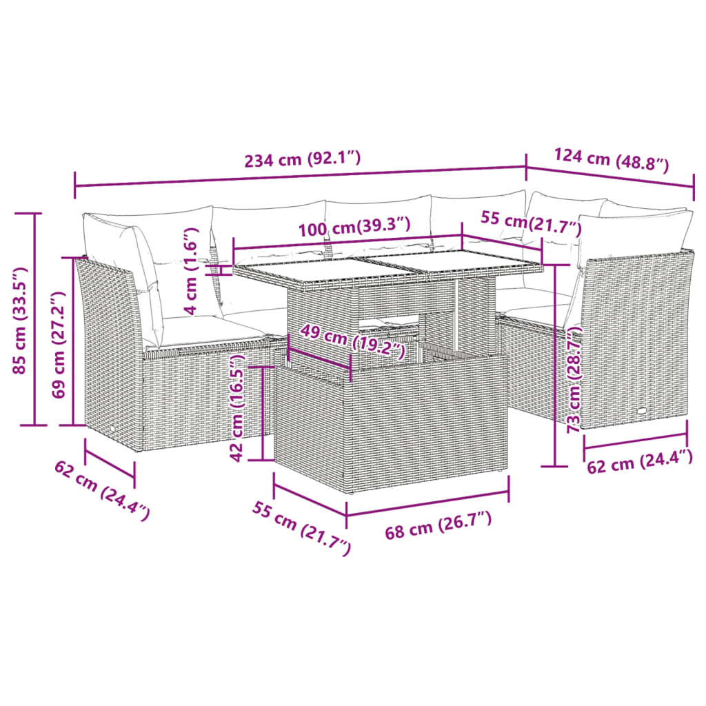 6-delige Loungeset met kussens poly rattan zwart