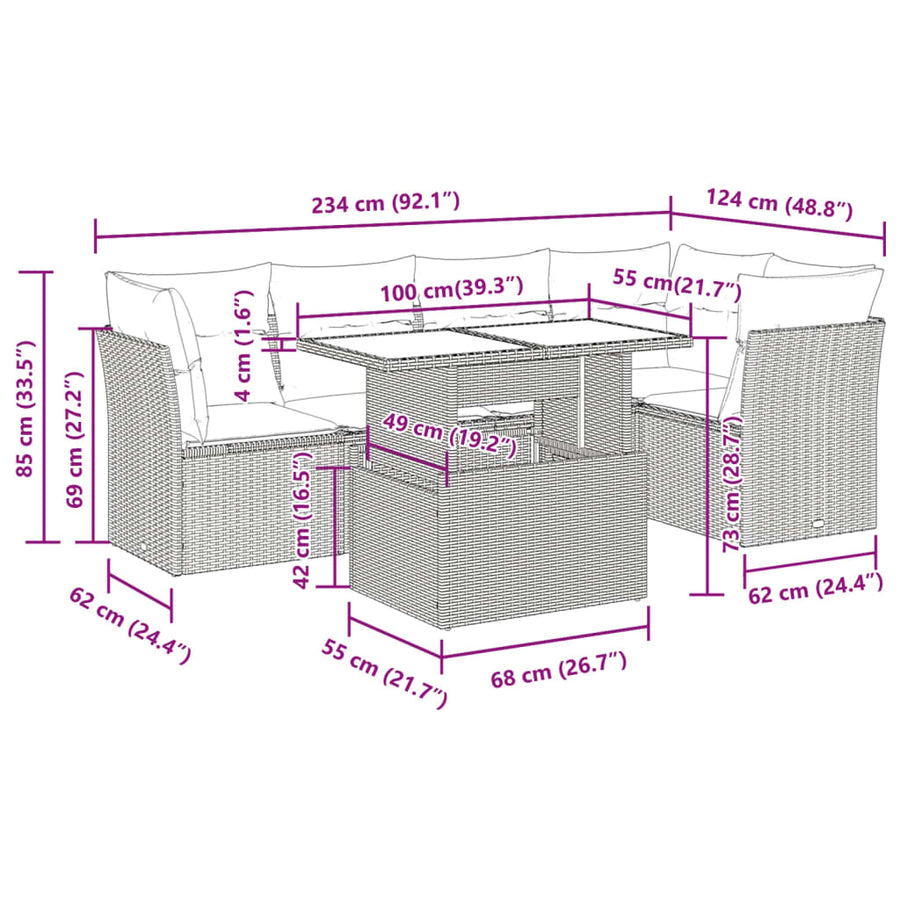 6-delige Loungeset met kussens poly rattan zwart