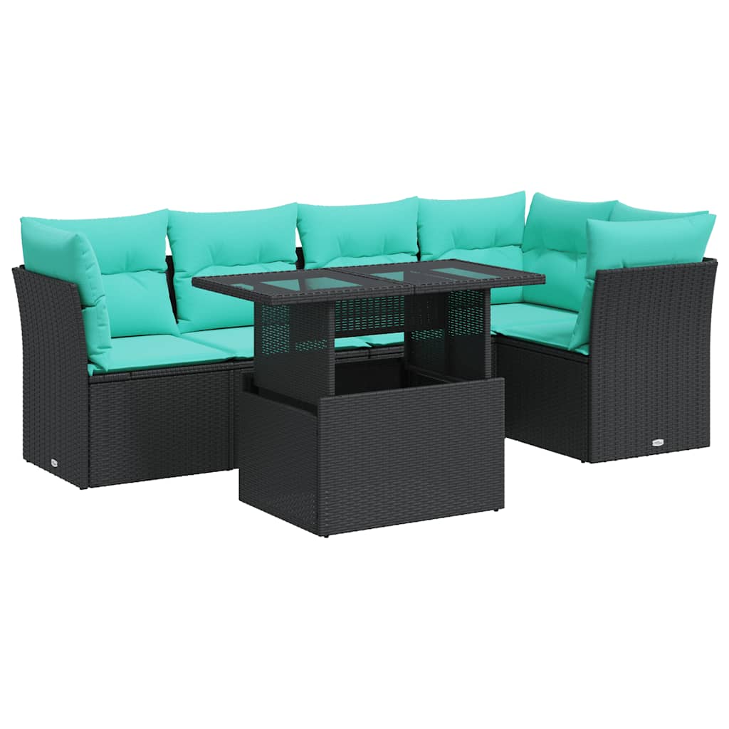6-delige Loungeset met kussens poly rattan acacia zwart
