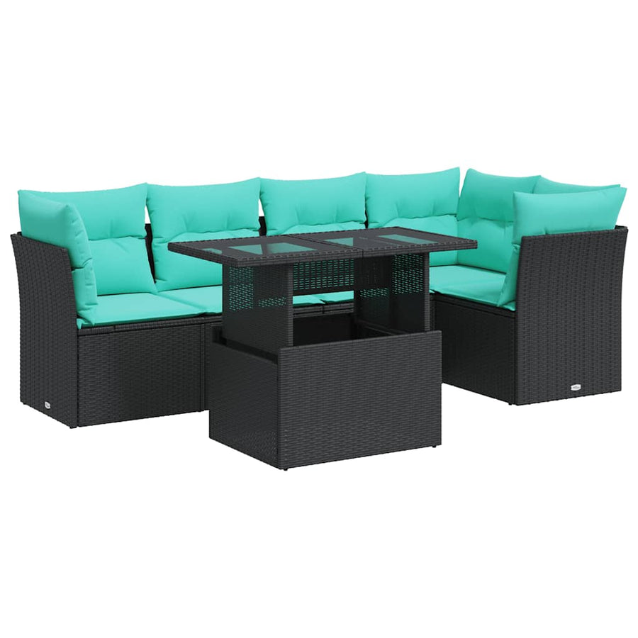 6-delige Loungeset met kussens poly rattan acacia zwart