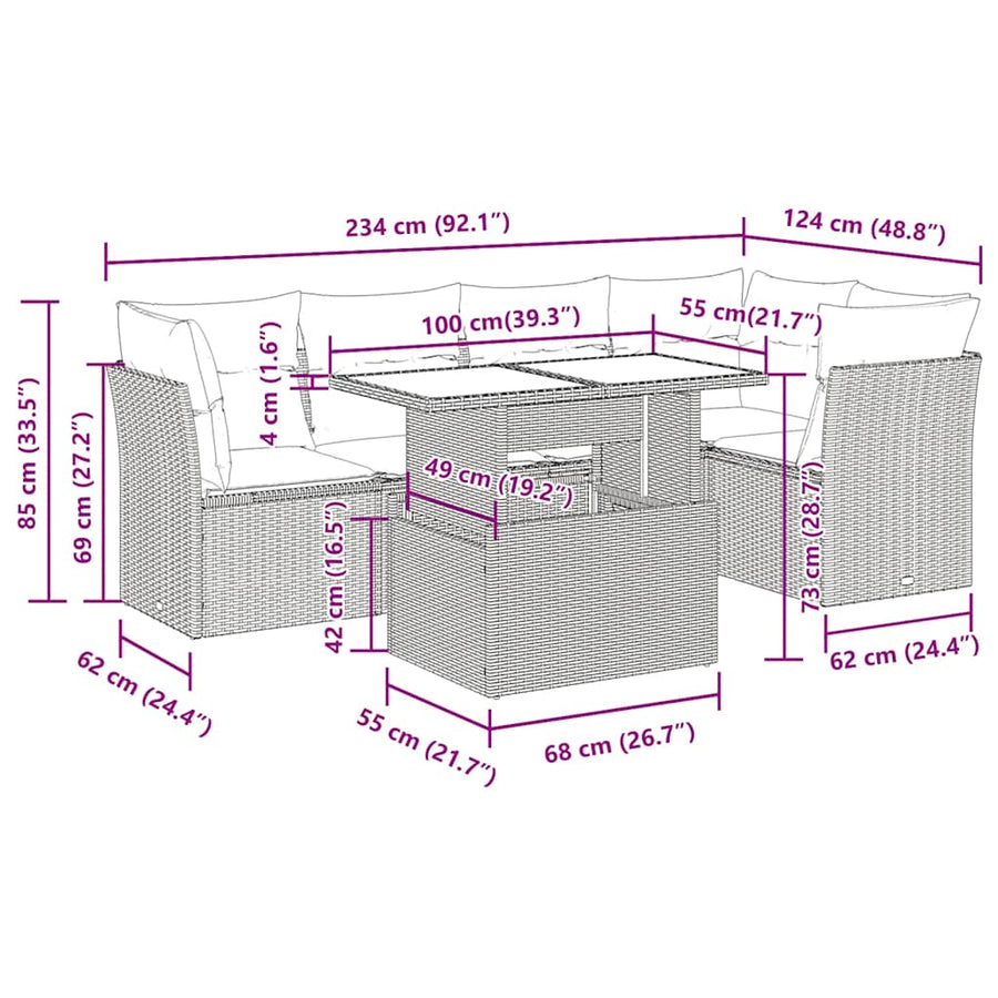 6-delige Loungeset met kussens poly rattan acacia zwart